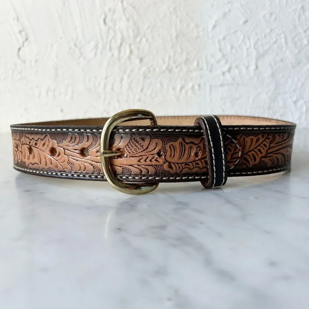 Vintage Western Tooled Leather Belt Cowboy Style with Brass Buckle-Men's Size 26